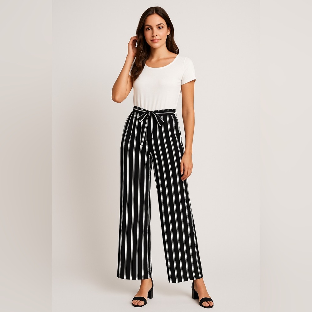 Francesca’s Black & White Striped Tie-Waist Jumpsuit